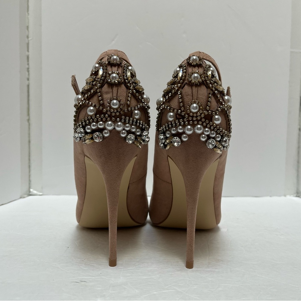 Shoe Dazzle Taupe Suede Pointed Toe Ankle Strap Heels with Embellishment Sz 11